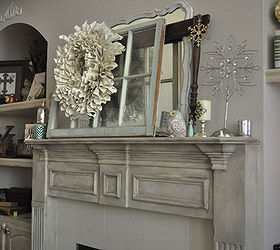 chalk painted fireplace mantel, ASCP Country Grey Old White French LInen with Dust of Ages and waxes
