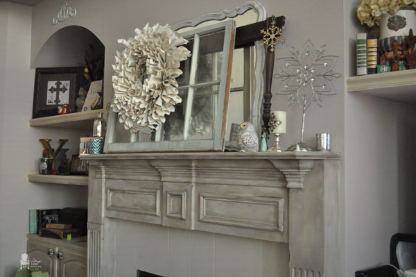 chalk painted fireplace mantel, ASCP Country Grey Old White French LInen with Dust of Ages and waxes