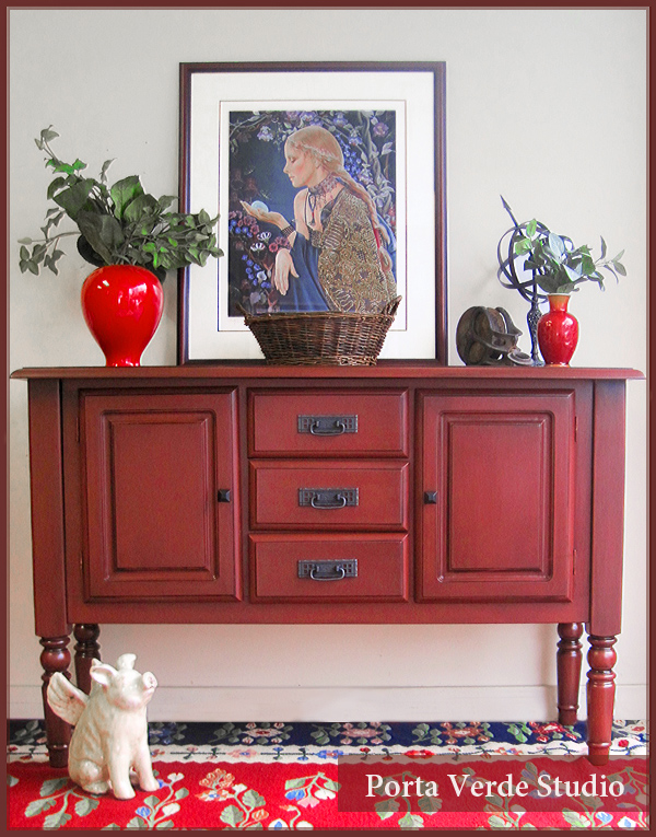 q the red sideboard would you have painted it a brighter red, painted furniture, Finished red sideboard painted and glazed