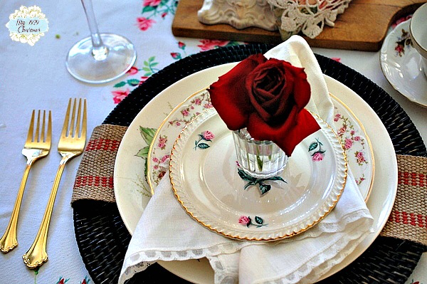 romantic valentine tablescape for two, seasonal holiday d cor, valentines day ideas, Thrift Store dishes and rattan chargers