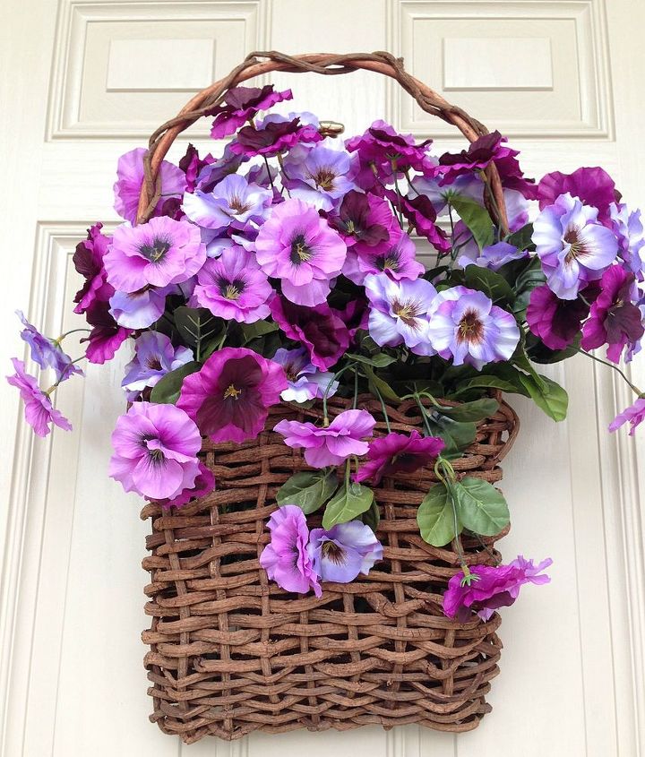 spring pansy basket door wreath planter, decks, flowers, gardening, outdoor living, seasonal holiday decor, wreaths
