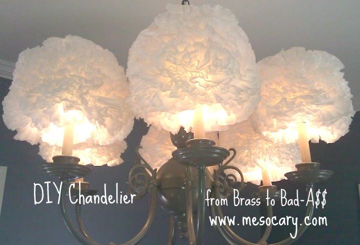 my brassy chandelier is blooming with coffee filters, crafts, home decor
