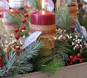 a farmhouse christmas in the dining room, christmas decorations, seasonal holiday decor, wreaths, Vintage webbing wrapped around pillar candles dot the centerpiece