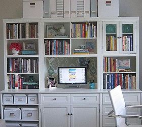 home office makeover diy x base desk, craft rooms, home decor, home office, painted furniture, I decided to brighten the bookcases by painting them white