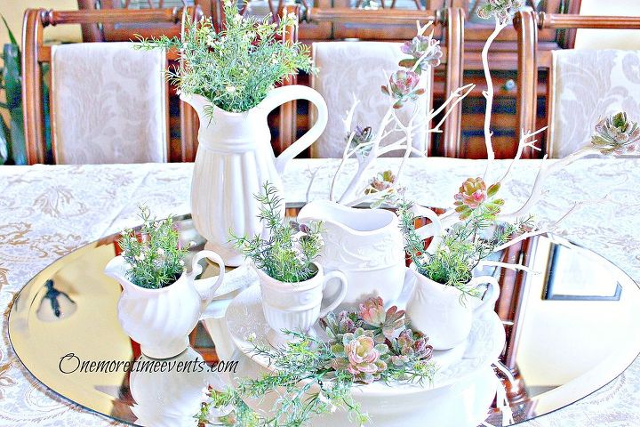 spring table centerpiece with a frosted winter touch, home decor, seasonal holiday decor, Filling pitchers with greenery