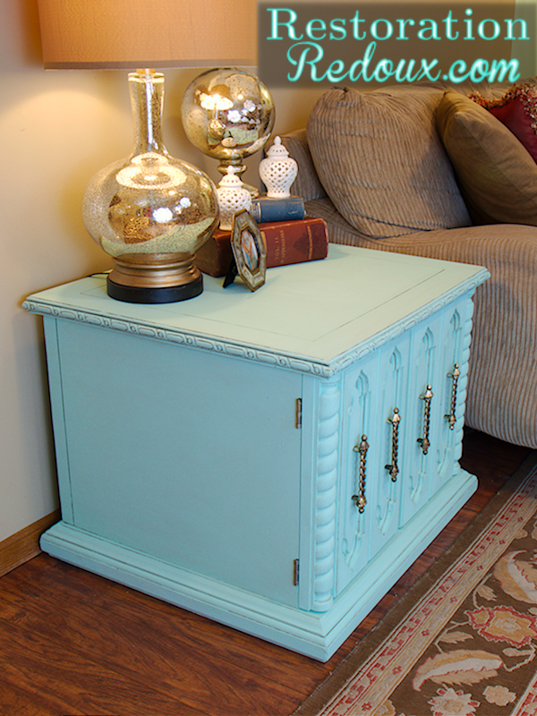 ugly dirty insanely heavy aqua vintage table makeover, painted furniture, Aqua Table side view