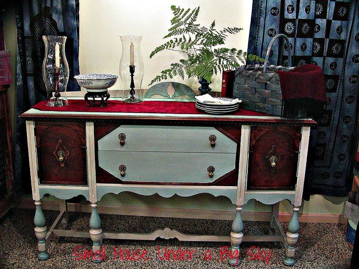photo styling tips part iv of the small house series, home decor, My1940 s hand painted and transformed Jacobean sideboard set for a company brunch