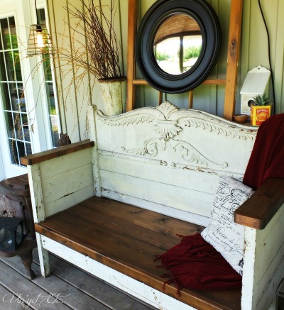 summertime porch tour vintagey goodness an antique bench makeover, outdoor furniture, painted furniture, porches