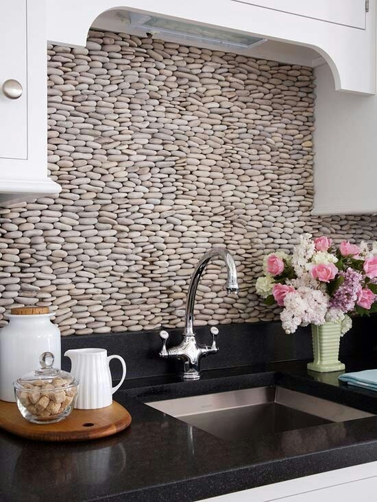 trendy and unique backsplash ideas, home decor, kitchen backsplash, kitchen design, wall decor, Have you ever seen anything like this pebble backsplash This is about as unique as it gets Source