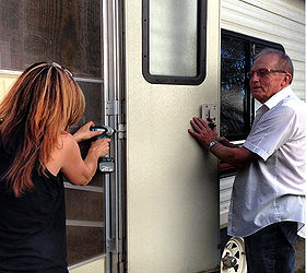 the 1 67 travel trailer door fix and a lesson, doors, home maintenance repairs, how to, It was helpful to have a 2nd set of hands My buddy Otto held the door while I reattached everything
