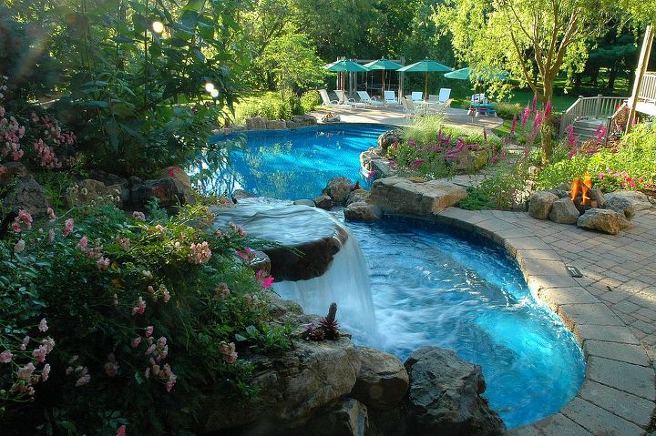 hanging by the pool today, outdoor living, ponds water features, pool designs, spas, Spa waterfall overlooking the vinyl pool below These are photos are all of the same pool project my personal favorite