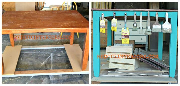 upcycle your table to a rolling kitchen island or work table, painted furniture, repurposing upcycling, woodworking projects, Not my taste large dining room table I added some support at the bottom and a large piece of MDF plus wheels Now I can roll my work station with me