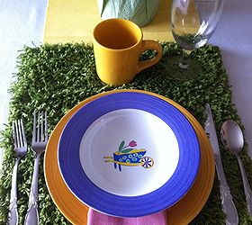 walking on sunshine spring table, seasonal holiday d cor, The placemats are actually a rug from Ikea Once I saw it in the store I knew I was going to cut it up and use it for a table It screamed grass to me One rug at 9 99 gave me four placemats