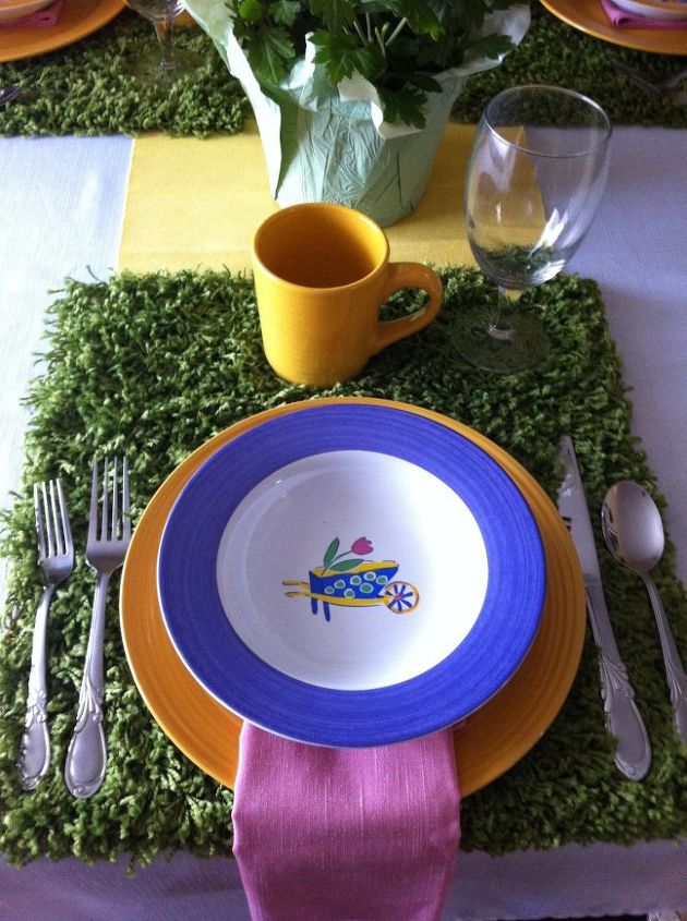 walking on sunshine spring table, seasonal holiday d cor, The placemats are actually a rug from Ikea Once I saw it in the store I knew I was going to cut it up and use it for a table It screamed grass to me One rug at 9 99 gave me four placemats