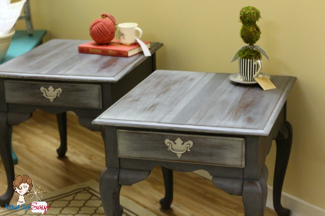 handpainted gray french grain sack end tables, chalk paint, painted furniture, Queen Anne style end tables painted to look like French Grain Sacks