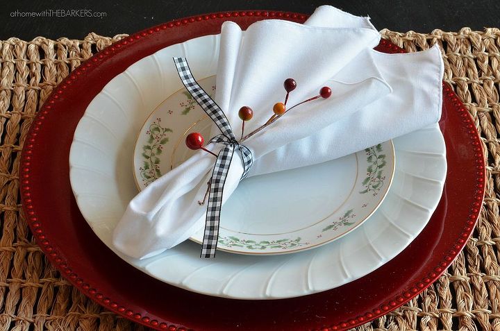 christmas home tour, christmas decorations, dining room ideas, seasonal holiday decor, My place setting is made up of dollar store chargers white yard sale plates and 80 off end of season Christmas dishes