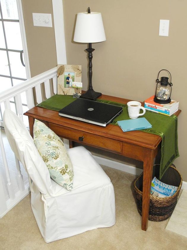 my new makeshift blogging space office nook, craft rooms, home decor, home office, The table was 15 at a billeting auction Chair was 5 at the same auction Slipcover is from Kmart