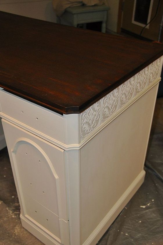 elegant country chic desk redo, painted furniture, Here is the textured wallpaper I was talking about Now this desk had the trim detail necessary to be able to use this paper I go into detail in my blog on how to apply this paper so I am going to let you visit there to find out how