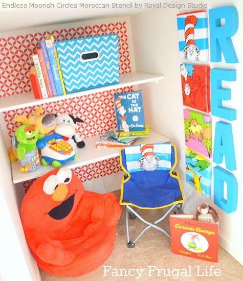 chic stenciled closet ideas, cleaning tips, home decor, painting, A colorful children s reading area by Lina from Fancy Frugal Life using our Small Endless Moorish Circles Stencil