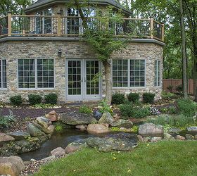 expansive waterfalls and pond in crown point indiana, outdoor living, patio, ponds water features, An outbuilding where the homeowner can get away from it all