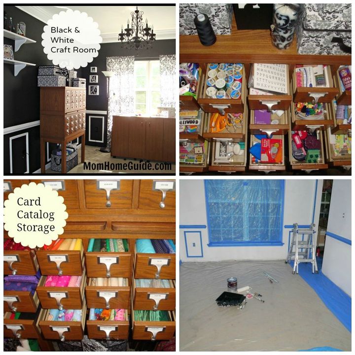 dining room turned black and white craft room, craft rooms, home decor, Craft room collage showing the the before and after and how she uses her card catalog for storage of craft supplies