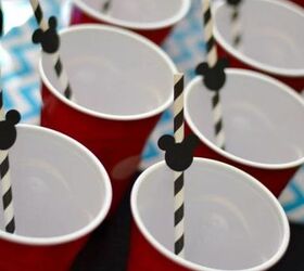 mickey mouse themed 1st birthday party, crafts, Mickey Mouse themed cups paper straws and Mickey Mouse head flags