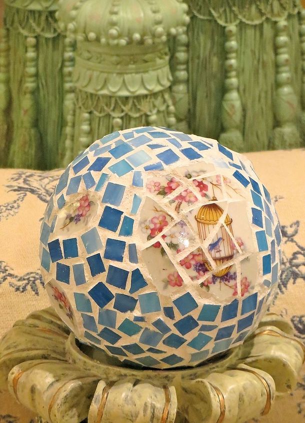 mosaic sphere made out of styrofoam ball, crafts, Bluebird sphere