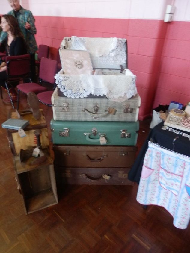 my very first market stall, painted furniture, repurposing upcycling, rustic furniture, Vintage suitcases and linens were my best sellers