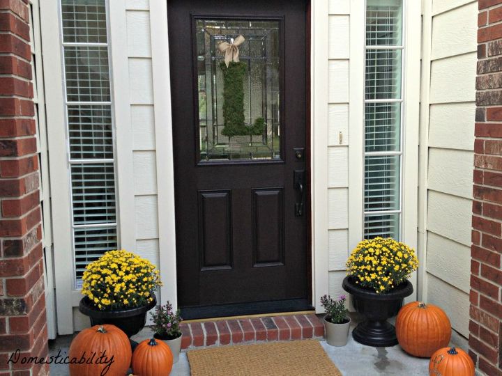 fall front porch, doors, seasonal holiday decor, wreaths, Mums Pumpkins and Letter Wreath