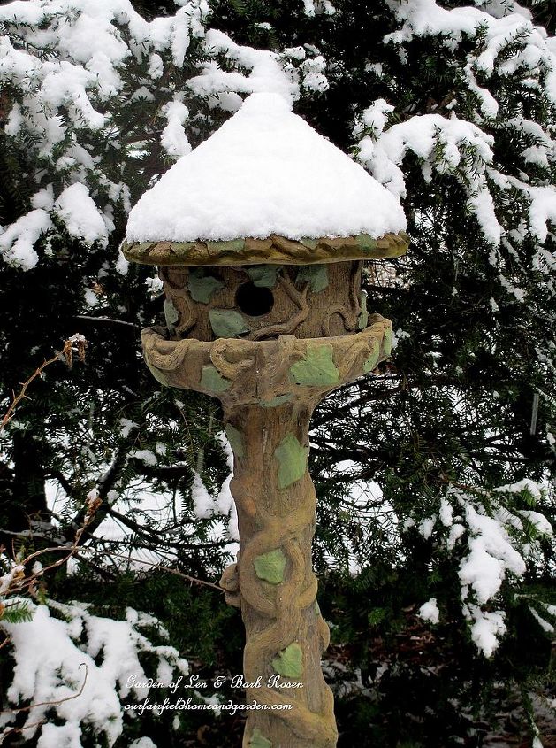 birdhouses in the snow, flowers, gardening, Concrete Birdhouse