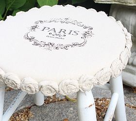 mini drop cloth rosette stool makeover 5 yard sale find, painted furniture, reupholster