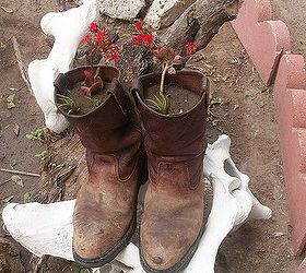 spring flowers, flowers, gardening, Used my husband s old working boots as planters