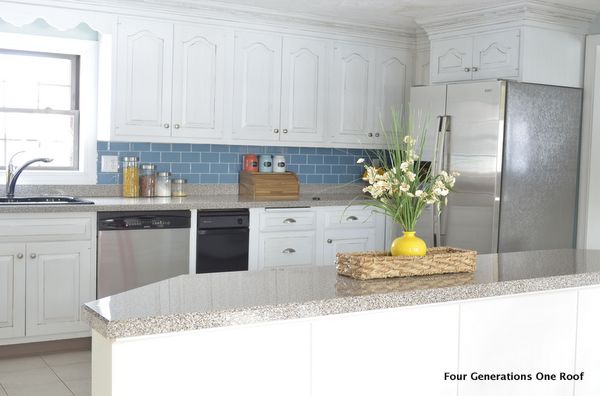 modern white cottage kitchen makeover, home decor, kitchen backsplash, kitchen design, Modern white kitchen makeover transformed from 1970 s dark cabinets