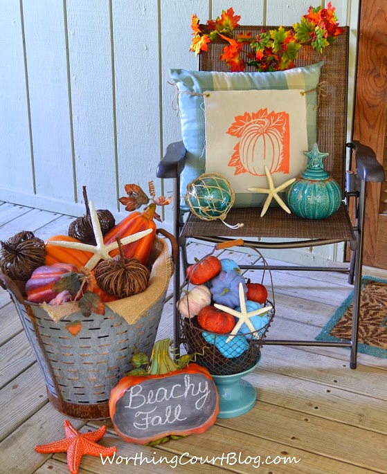 a beachy fall porch, porches, seasonal holiday decor, wreaths, Shades of blue mixed with beachy elements create a beachy fall porch