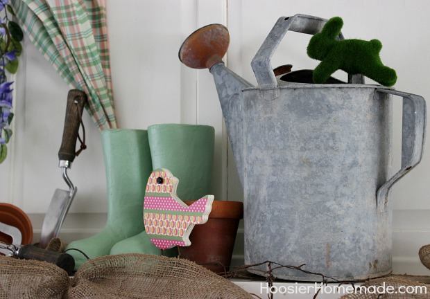 spring mantel, seasonal holiday d cor, Antique watering can with bunny and Washi Tape Bird