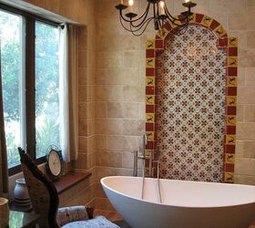 art deco master bath transforms into a spanish hacienda retreat, architecture, bathroom ideas, home decor, home improvement, This soaking tub with its Mexican tile wall notch were highest on our clients wish list and meant to be the focal point of this unique master bath