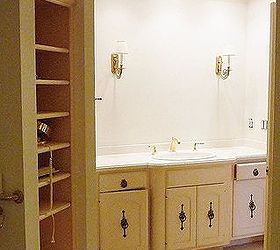 master bedroom spa and coastal inspired, bathroom ideas, home decor, Before The single sink was replaced with double sinks The shelving unit was replaced with a make up area