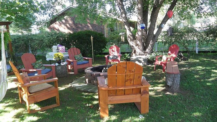back yard fire pit and chairs, Come in Stay long Talk much The long bench was made from a lost tree in the yard and a few deck boards
