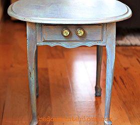 boring side table painted in gorgeous sea glass blue table, painted furniture, The antique map knobs add the perfect detail finish A little wet distressing around the edges and legs and almost finished One coat of Endurance then some waxing cream to make the top super soft and touchable