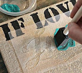 a junkie spin on burlap canvas art, crafts, repurposing upcycling, I used acrylic paints and a stencil I made using my Silhouette to create this masterpiece Ha ha