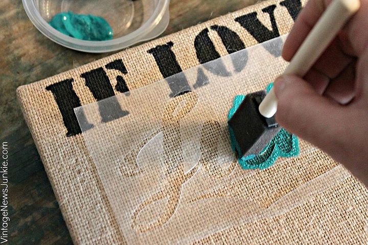a junkie spin on burlap canvas art, crafts, repurposing upcycling, I used acrylic paints and a stencil I made using my Silhouette to create this masterpiece Ha ha