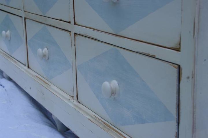 adding details to a painted dresser, painted furniture, White washed diamonds were centered on each drawer