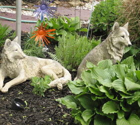 recycled gas can buckets and more, flowers, gardening, repurposing upcycling, wolves in a memorial garden