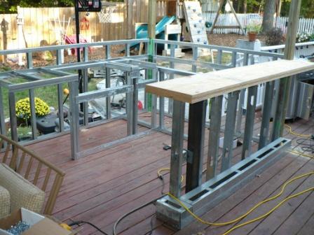 outdoor kitchen project, concrete masonry, decks, outdoor living, Metal framing for the Outdoor Kitchen with bar