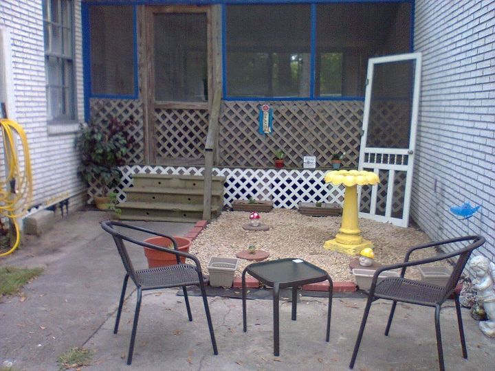 our little patio, outdoor living, patio, Still not finished with it gonna paint the country screen door and decorate it with flowers and greenery