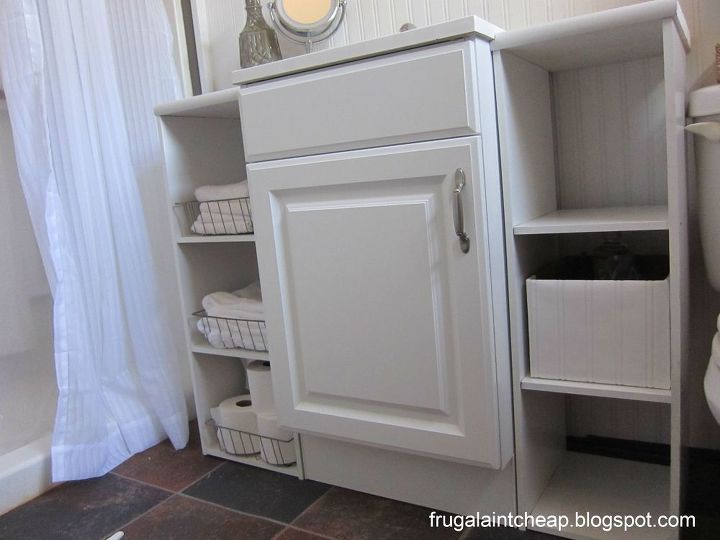bathroom vanity extra side storage, vanity from HD and side cabinets are closet shelves