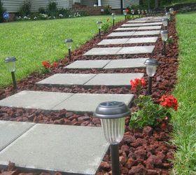 front walkway built out of inexpensive cement pavers red lava rocks and solar, Front Walkway Reveal