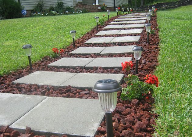 front walkway built out of inexpensive cement pavers red lava rocks and solar, Front Walkway Reveal