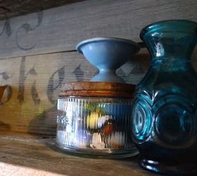 repurposed old trunk, repurposing upcycling, Trunk repurposed into shelf with some favorite antique items Palmolive jar enameled finger bowl and Italian vase