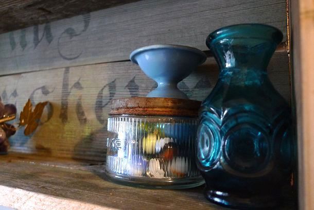 repurposed old trunk, repurposing upcycling, Trunk repurposed into shelf with some favorite antique items Palmolive jar enameled finger bowl and Italian vase